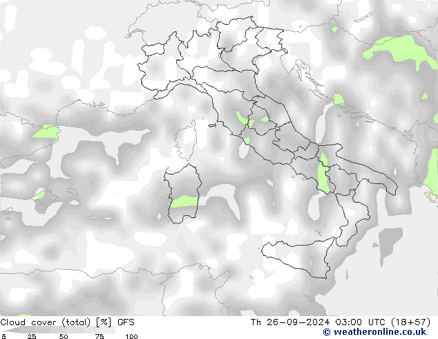 zachmurzenie (suma) GFS czw. 26.09.2024 03 UTC