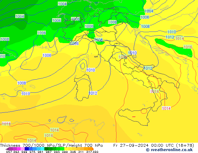 Dikte700-1000 hPa GFS vr 27.09.2024 00 UTC