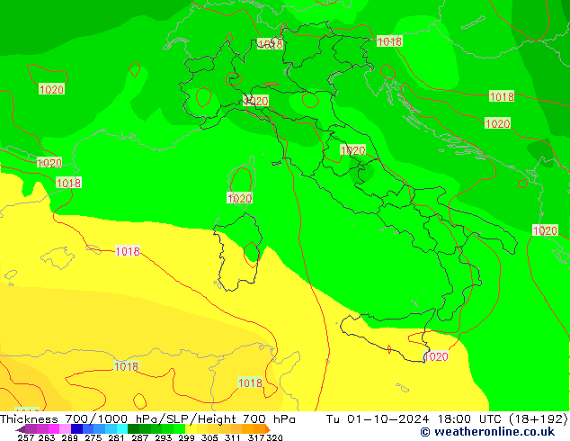 Thck 700-1000 hPa GFS Ter 01.10.2024 18 UTC