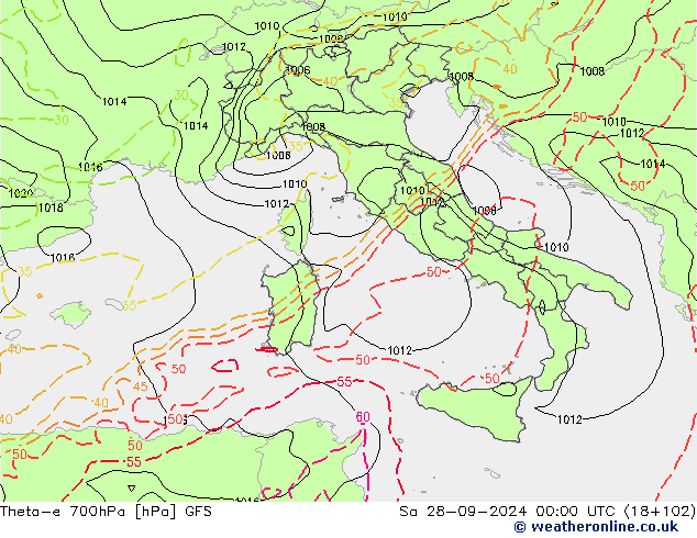 Theta-e 700hPa GFS Sa 28.09.2024 00 UTC