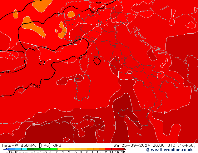 Theta-W 850гПа GFS ср 25.09.2024 06 UTC