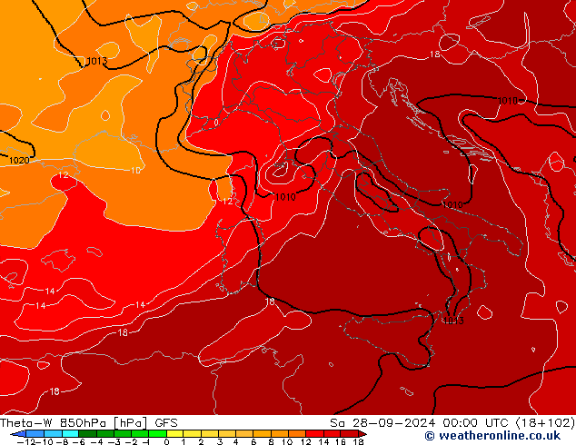 Theta-W 850hPa GFS So 28.09.2024 00 UTC