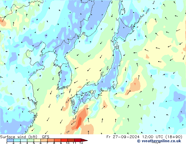 wiatr 10 m (bft) GFS pt. 27.09.2024 12 UTC