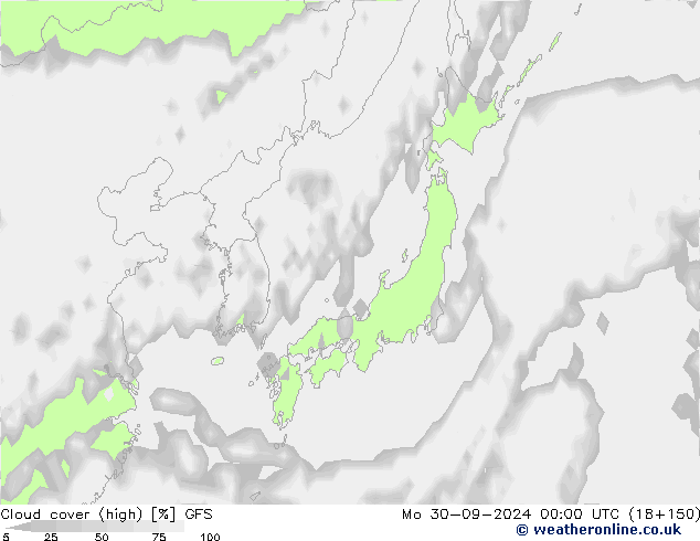 Cloud cover (high) GFS Mo 30.09.2024 00 UTC