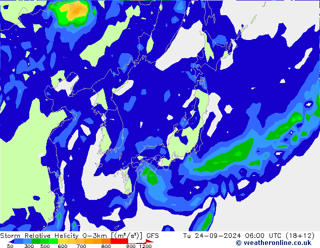 Storm Relative Helicity GFS Tu 24.09.2024 06 UTC