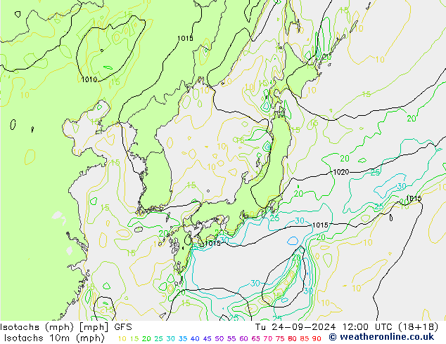 Izotacha (mph) GFS wto. 24.09.2024 12 UTC