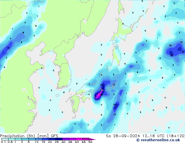 Precipitación (6h) GFS sáb 28.09.2024 18 UTC