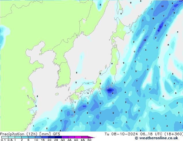 Precipitation (12h) GFS Tu 08.10.2024 18 UTC