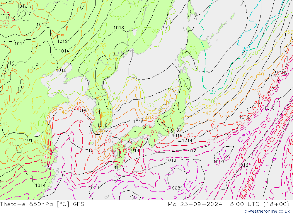 Theta-e 850hPa GFS Seg 23.09.2024 18 UTC