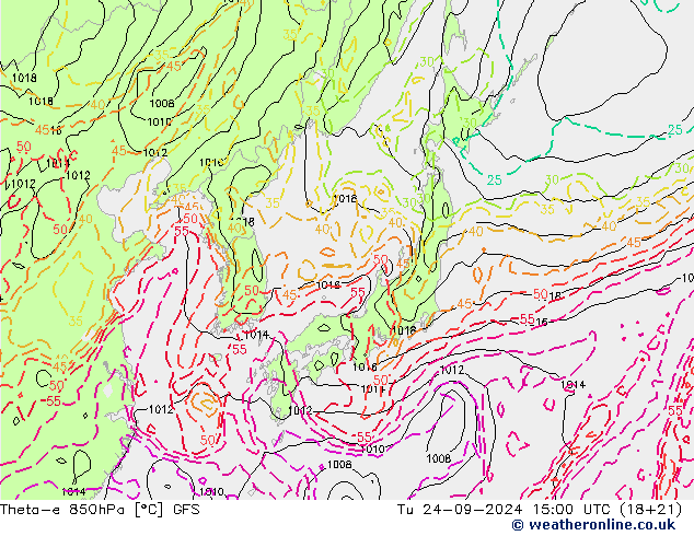 Theta-e 850hPa GFS Di 24.09.2024 15 UTC