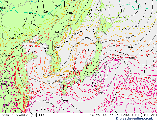 Theta-e 850hPa GFS Su 29.09.2024 12 UTC