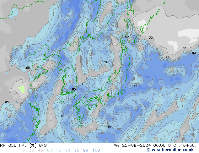 RH 850 гПа GFS ср 25.09.2024 06 UTC