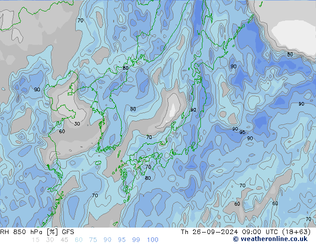 RH 850 hPa GFS Th 26.09.2024 09 UTC