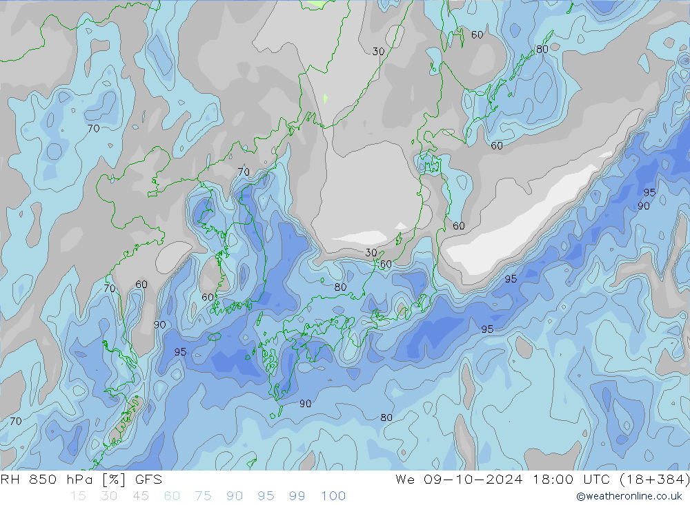 RH 850 hPa GFS We 09.10.2024 18 UTC