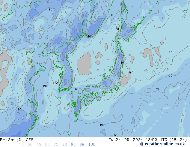 RH 2m GFS Tu 24.09.2024 18 UTC