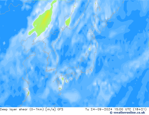 Deep layer shear (0-1km) GFS Di 24.09.2024 15 UTC