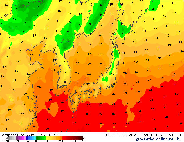 Temperatuurkaart (2m) GFS di 24.09.2024 18 UTC