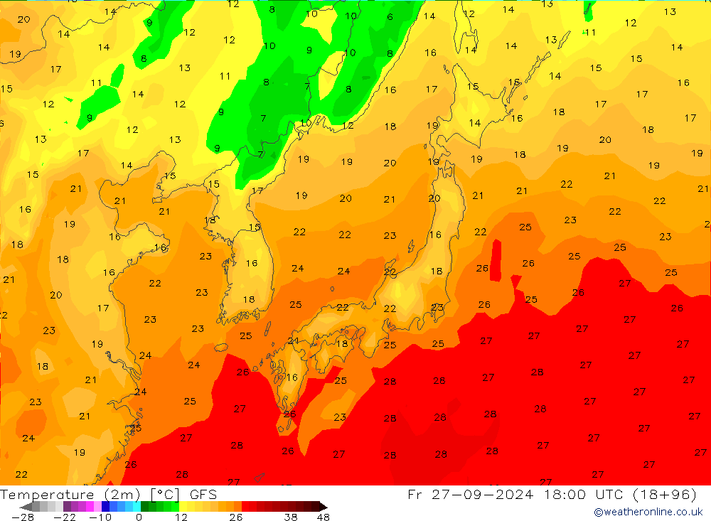 Sıcaklık Haritası (2m) GFS Cu 27.09.2024 18 UTC