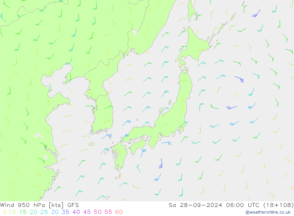 Vento 950 hPa GFS sab 28.09.2024 06 UTC