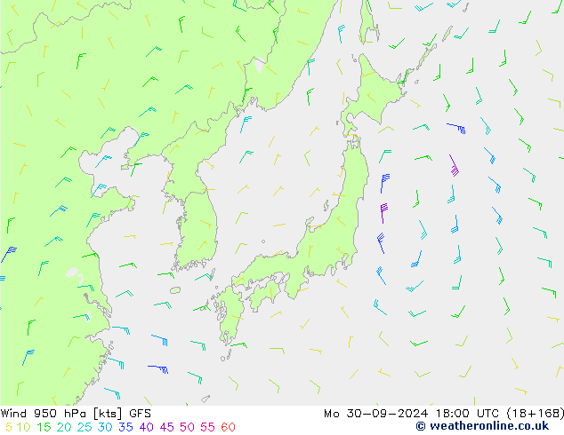 Vent 950 hPa GFS lun 30.09.2024 18 UTC