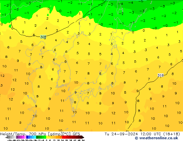 Height/Temp. 700 hPa GFS  24.09.2024 12 UTC