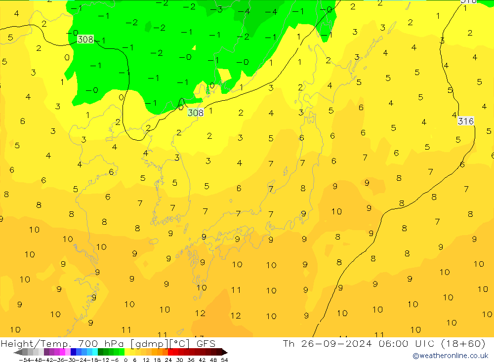 Height/Temp. 700 hPa GFS Th 26.09.2024 06 UTC