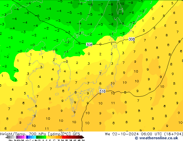 Height/Temp. 700 hPa GFS  02.10.2024 06 UTC