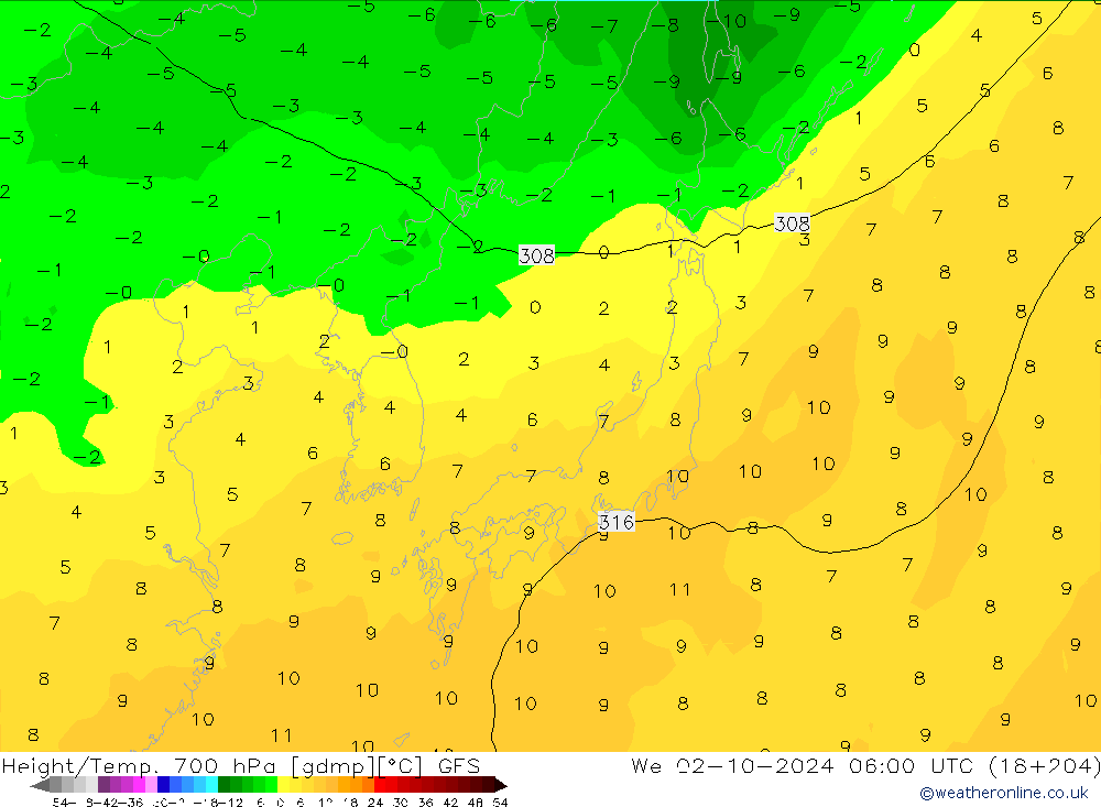 Height/Temp. 700 hPa GFS We 02.10.2024 06 UTC