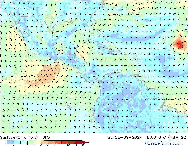 Viento 10 m (bft) GFS sáb 28.09.2024 18 UTC