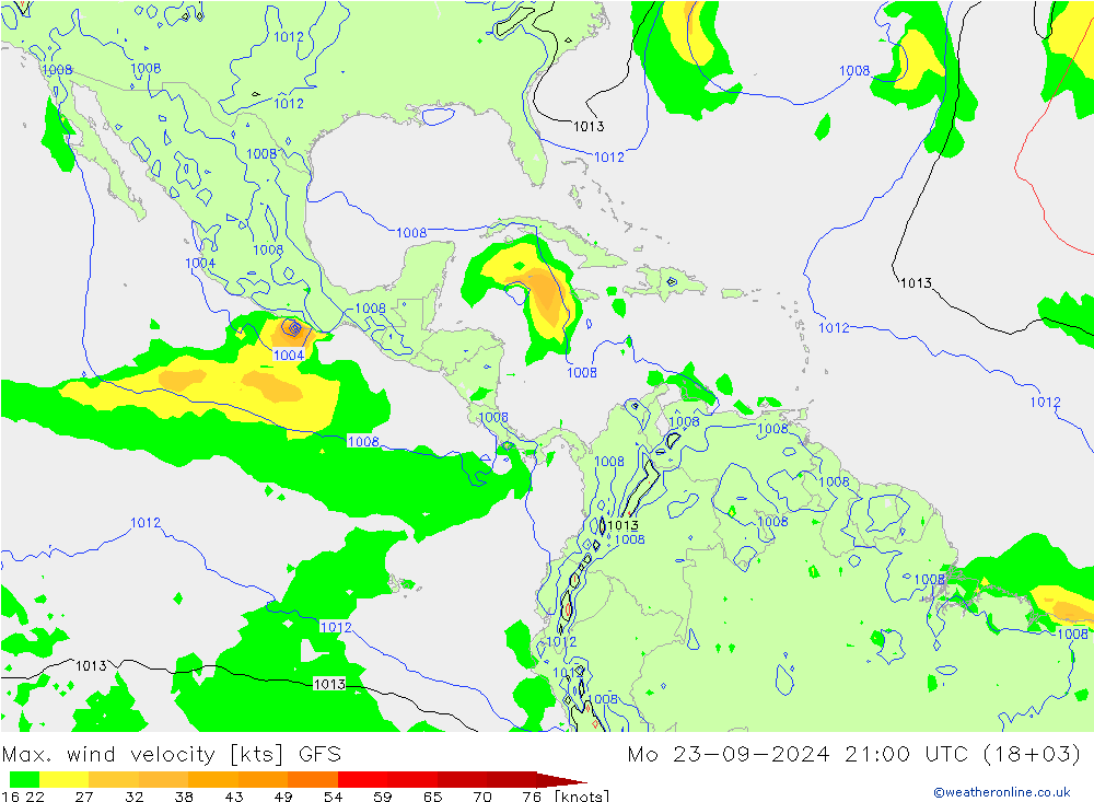 Max. wind snelheid GFS ma 23.09.2024 21 UTC