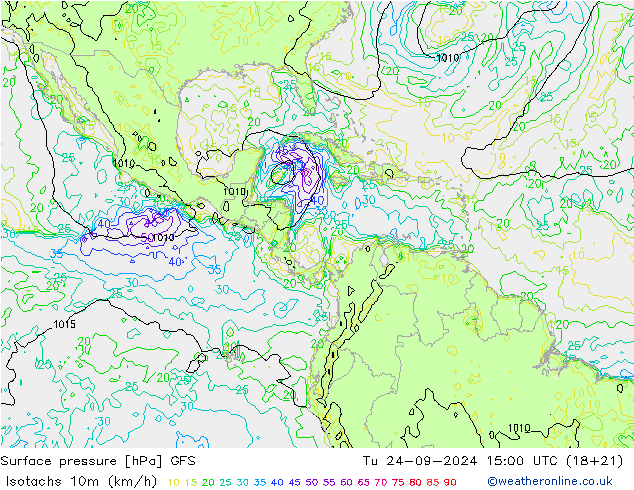 Izotacha (km/godz) GFS wto. 24.09.2024 15 UTC