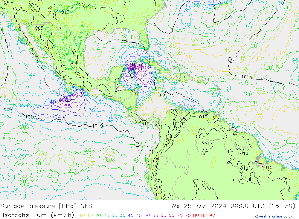 Isotachs (kph) GFS Qua 25.09.2024 00 UTC