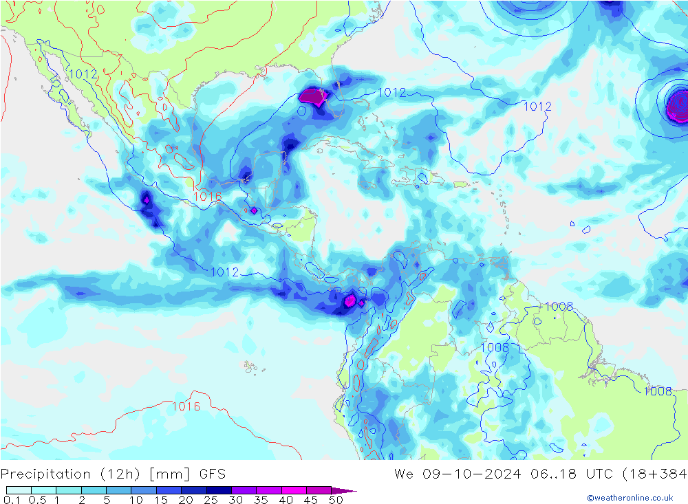 Totale neerslag (12h) GFS wo 09.10.2024 18 UTC