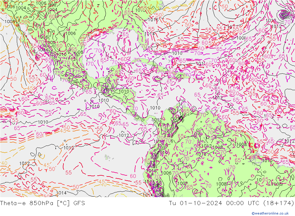 Theta-e 850hPa GFS Tu 01.10.2024 00 UTC