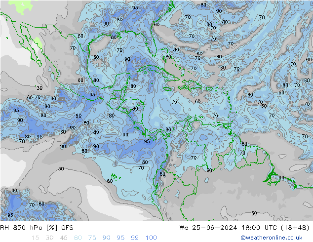 Humedad rel. 850hPa GFS mié 25.09.2024 18 UTC