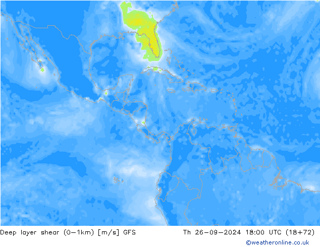 Deep layer shear (0-1km) GFS  26.09.2024 18 UTC