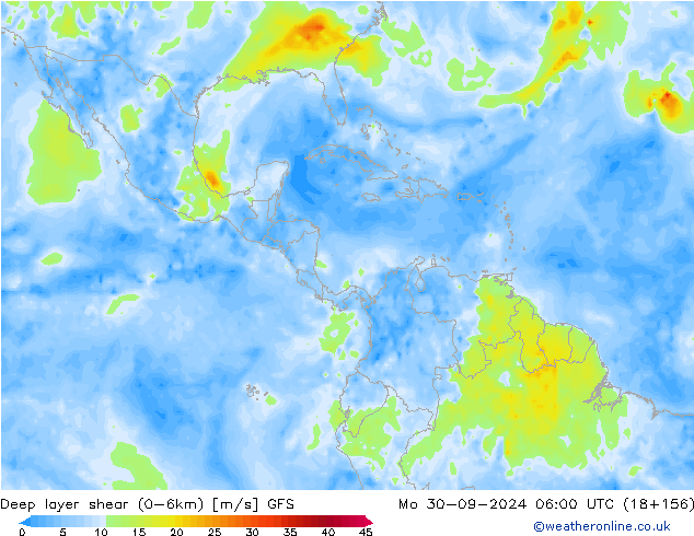 Deep layer shear (0-6km) GFS Mo 30.09.2024 06 UTC