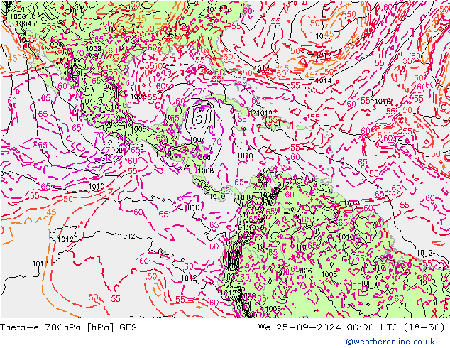 Theta-e 700hPa GFS mer 25.09.2024 00 UTC