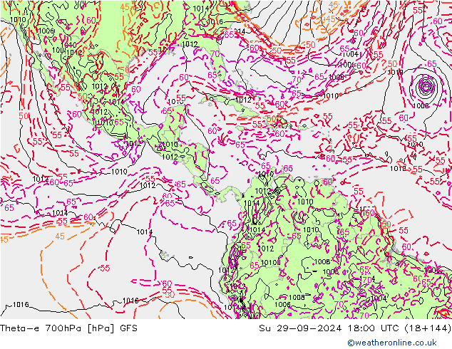 Theta-e 700hPa GFS Paz 29.09.2024 18 UTC