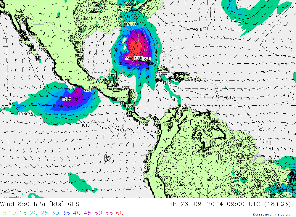 Viento 850 hPa GFS jue 26.09.2024 09 UTC