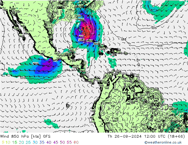 ветер 850 гПа GFS чт 26.09.2024 12 UTC