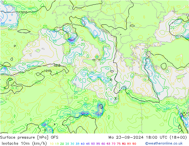 Isotachs (kph) GFS Mo 23.09.2024 18 UTC