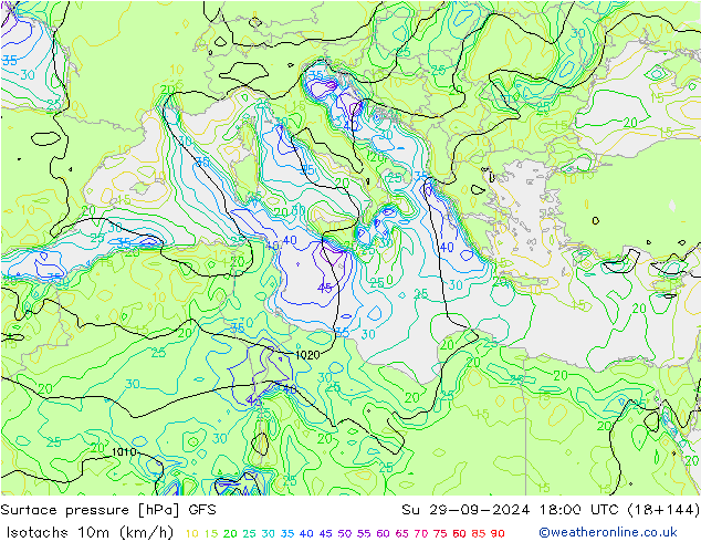 Isotachs (kph) GFS Su 29.09.2024 18 UTC