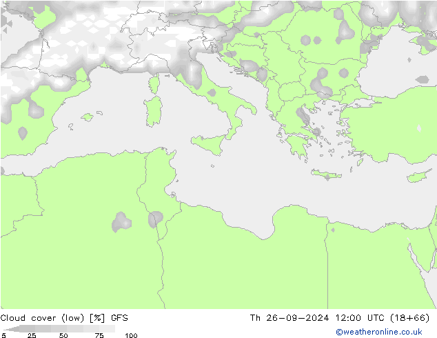 Cloud cover (low) GFS Th 26.09.2024 12 UTC