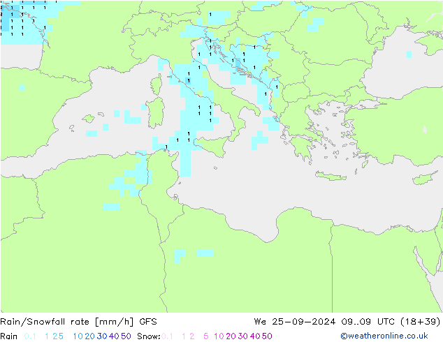 Rain/Snowfall rate GFS mer 25.09.2024 09 UTC