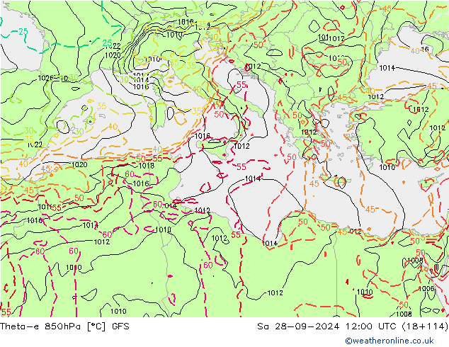 Theta-e 850hPa GFS so. 28.09.2024 12 UTC