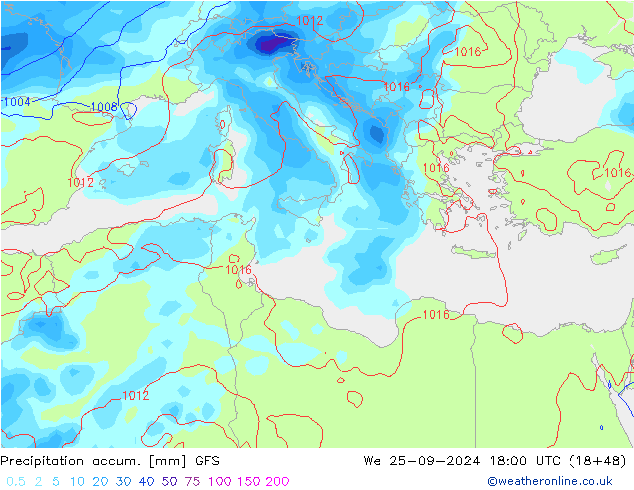 Totale neerslag GFS wo 25.09.2024 18 UTC