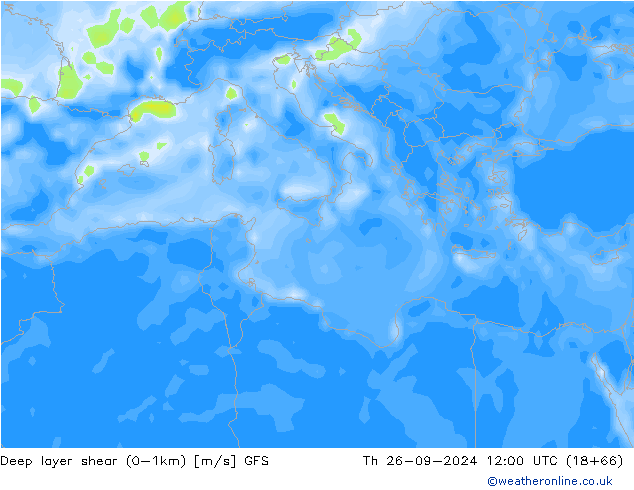 Deep layer shear (0-1km) GFS  26.09.2024 12 UTC