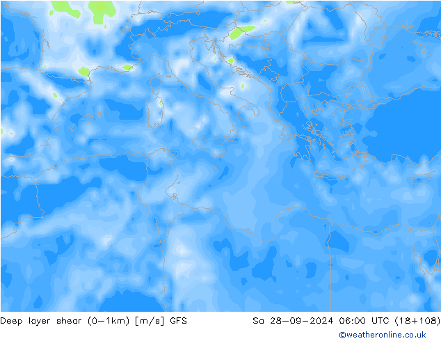 Deep layer shear (0-1km) GFS Sa 28.09.2024 06 UTC