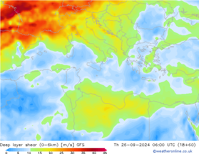 Deep layer shear (0-6km) GFS чт 26.09.2024 06 UTC